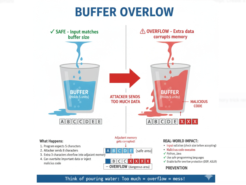 Buffer Overflow memory diagram: left panel shows a program writing safe-sized data into a fixed memory buffer; right panel shows an oversized input spilling past the buffer boundary into adjacent memory, overwriting the instruction pointer and allowing an attacker to redirect execution to injected shellcode